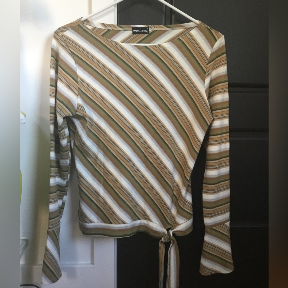Wet Seal Diagonal Striped Long Sleeve Top - Green and Tan